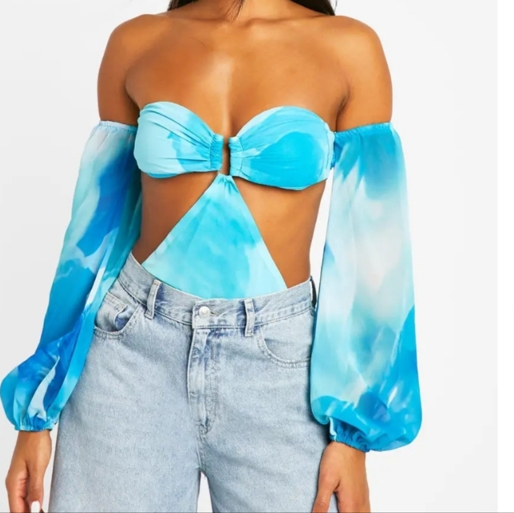 Abstract Chiffon Balloon Sleeve Bodysuit